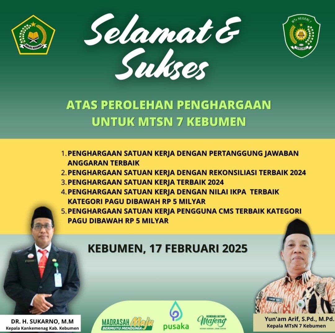 MTsN 7 Kebumen Raih 5 Penghargaan Satker Terbaik dari Kemenag Kabupaten Kebumen